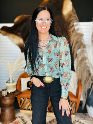 Carina Cowboy Howdy Sheer Blouse-Long Sleeves-Turquoise Haven-Motis & Co Boutique, Women's Fashion Boutique in Carthage, Missouri