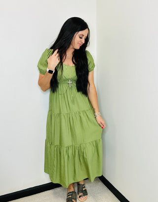 Ameila Smocked Tiered Midi Dress Olive-Dresses-blu pepper-Motis & Co Boutique, Women's Fashion Boutique in Carthage, Missouri