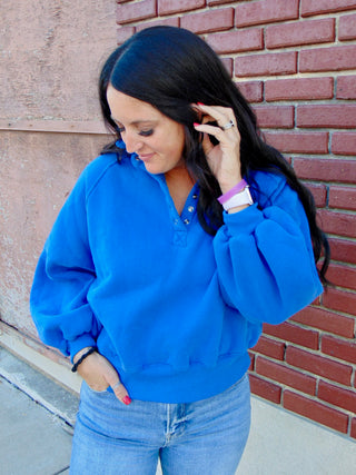 Lulu Blue Snap Button Collared Sweatshirt-Pullovers-Papermoon-Motis & Co Boutique, Women's Fashion Boutique in Carthage, Missouri