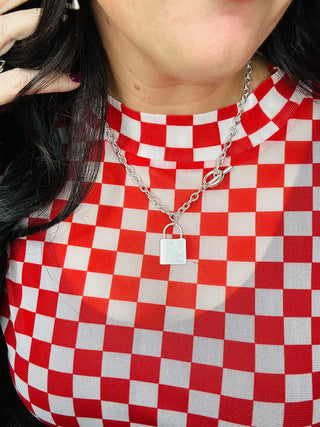 Darla Red White Checkered Mesh Top-Long Sleeves-MOTIS-Motis & Co Boutique, Women's Fashion Boutique in Carthage, Missouri