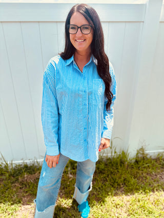 Whitney Blue Pin Striped Blouse-Long Sleeves-HYFVE-Motis & Co Boutique, Women's Fashion Boutique in Carthage, Missouri