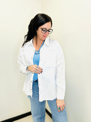 Leslie White Button Up Gauze Blouse-Blouses-Very J-Motis & Co Boutique, Women's Fashion Boutique in Carthage, Missouri