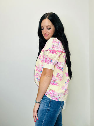 Ada Yellow and Pink Collared Floral Top-Tops-BiBi-Motis & Co Boutique, Women's Fashion Boutique in Carthage, Missouri