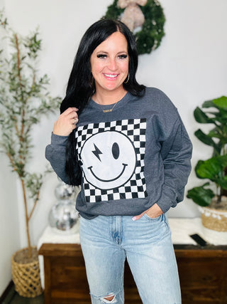 Checkered Smiley Graphic Sweatshirt-Pullovers-P&PD-Motis & Co Boutique, Women's Fashion Boutique in Carthage, Missouri