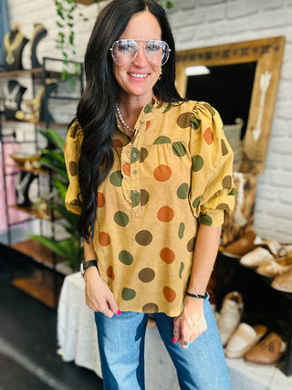 Mandy Mocha Polka Dot Half Sleeve Blouse-Short Sleeves-EASEL-Motis & Co Boutique, Women's Fashion Boutique in Carthage, Missouri