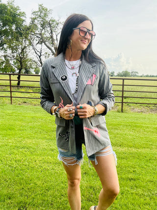 Wynona Grey Pin Stripe Western Patch Blazer-Blazers-Taelynn-Motis & Co Boutique, Women's Fashion Boutique in Carthage, Missouri