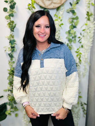 Quincy Quilted Denim Pullover-Pullovers-BiBi-Motis & Co Boutique, Women's Fashion Boutique in Carthage, Missouri