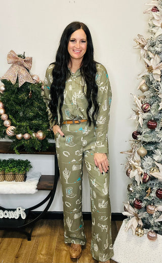 Tae Western Print Button Down - Olive-Long Sleeves-Taelynn-Motis & Co Boutique, Women's Fashion Boutique in Carthage, Missouri