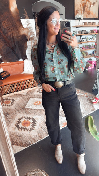 Carina Cowboy Howdy Sheer Blouse-Long Sleeves-Turquoise Haven-Motis & Co Boutique, Women's Fashion Boutique in Carthage, Missouri