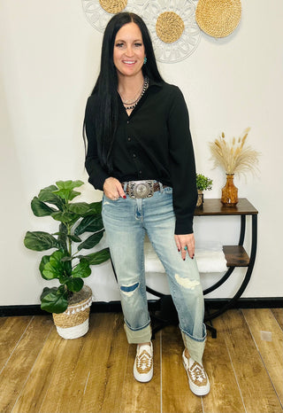 Vivian V-Neck Button Down Blouse - Black-Long Sleeves-Taelynn-Motis & Co Boutique, Women's Fashion Boutique in Carthage, Missouri