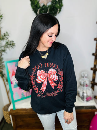 Black Candy Cane Bow Christmas Sweatshirt-Pullovers-Motis & CO-Motis & Co Boutique, Women's Fashion Boutique in Carthage, Missouri