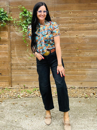 June Cowboy Art Tie Neck Blouse-Short Sleeves-Howdy Hanny-Motis & Co Boutique, Women's Fashion Boutique in Carthage, Missouri