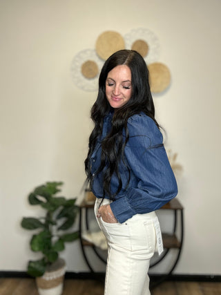 Highway Blues Denim Bow Tie Blouse-Long Sleeves-2 Fly-Motis & Co Boutique, Women's Fashion Boutique in Carthage, Missouri