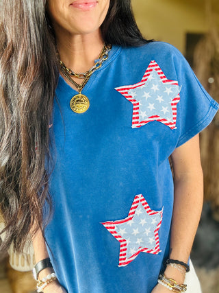 Pam Patriotic Patchwork Star Top-Short Sleeves-Pretty Bash-Motis & Co Boutique, Women's Fashion Boutique in Carthage, Missouri