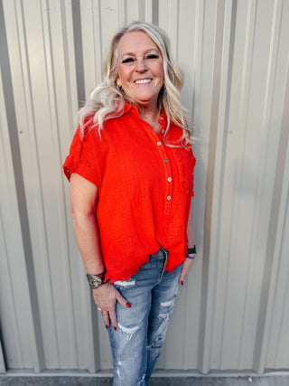 Rena Raw Edge Dolman Short Sleeve Blouse Red-Short Sleeves-GiGiO-Motis & Co Boutique, Women's Fashion Boutique in Carthage, Missouri