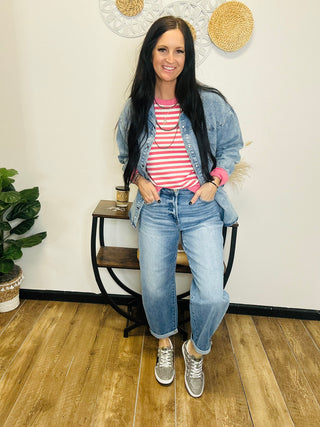 Barb Striped Crew Neck Pullover -Pink-Pullovers-staccato-Motis & Co Boutique, Women's Fashion Boutique in Carthage, Missouri