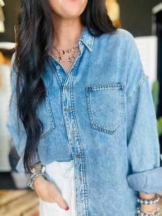 Remi Chambray Button Down Shirt-Long Sleeves-blu pepper-Motis & Co Boutique, Women's Fashion Boutique in Carthage, Missouri