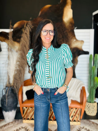 Tessa Striped Puff Sleeve Blouse-Short Sleeves-Entro-Motis & Co Boutique, Women's Fashion Boutique in Carthage, Missouri
