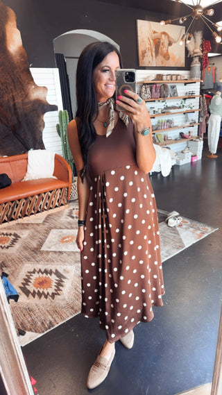Porsha Polka Dot Brown Dress-Dresses-Jodifl-Motis & Co Boutique, Women's Fashion Boutique in Carthage, Missouri