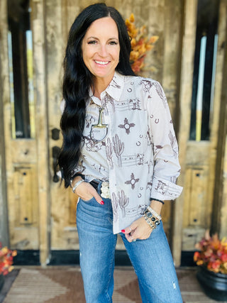 Fast Hand Western Print Button Up Blouse