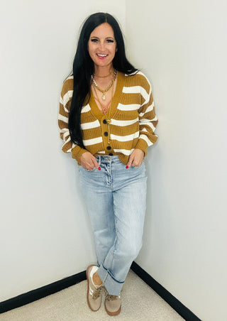 Button Front Striped Cardigan in Brown - Matilda-Cardigans-HYFVE-Motis & Co Boutique, Women's Fashion Boutique in Carthage, Missouri