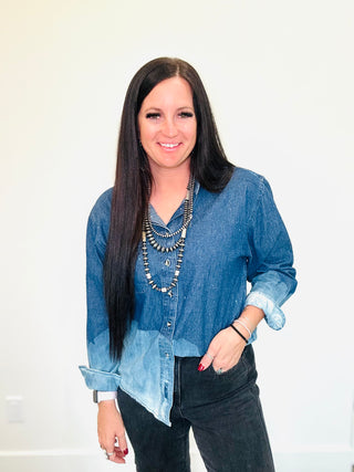 Meg Dark Bleach Denim Shirt-Blouses-MOTIS-Motis & Co Boutique, Women's Fashion Boutique in Carthage, Missouri