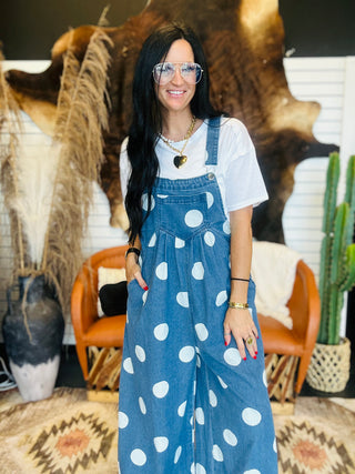 Quinn Polka Dot Denim Overalls-Pants-BiBi-Motis & Co Boutique, Women's Fashion Boutique in Carthage, Missouri
