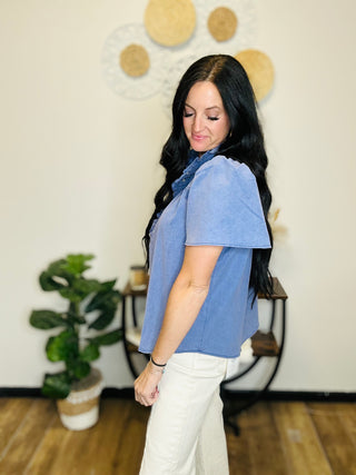 Dove Denim Ruffle Top-Short Sleeves-EASEL-Motis & Co Boutique, Women's Fashion Boutique in Carthage, Missouri