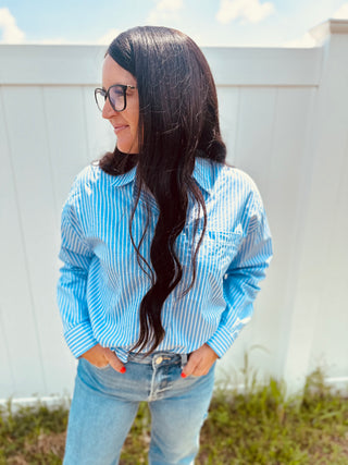 Whitney Blue Pin Striped Blouse-Long Sleeves-HYFVE-Motis & Co Boutique, Women's Fashion Boutique in Carthage, Missouri