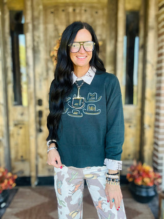 Tip Your Hat Green Western Sweater