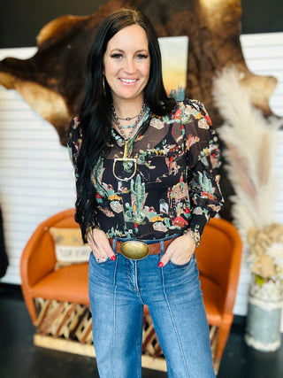 Beth Black Western Chiffon Blouse-Long Sleeves-Turquoise Haven-Motis & Co Boutique, Women's Fashion Boutique in Carthage, Missouri