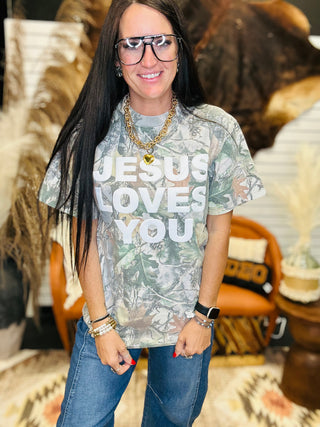 Jesus Loves You Camo Graphic Tee-Graphic Tees-Wicker Road-Motis & Co Boutique, Women's Fashion Boutique in Carthage, Missouri