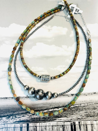 Green Turquoise Heishi & Sterling Silver Barrel Bead Necklace