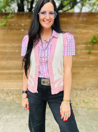 Cora Cactus Button Up Sweater Vest-Sweaters-Turquoise Haven-Motis & Co Boutique, Women's Fashion Boutique in Carthage, Missouri