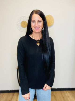 Casual Long Sleeve Black Waffle Top - Sara-Long Sleeves-HYFVE-Motis & Co Boutique, Women's Fashion Boutique in Carthage, Missouri