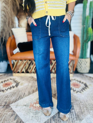 Porter Pinstriped Wide Leg Jeans
