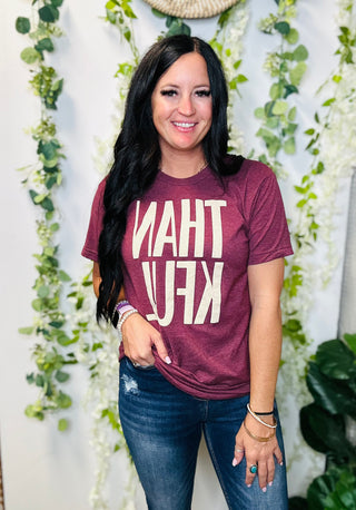 Heather Maroon Puff Thankful Tee-Graphic Tees-P&PD-Motis & Co Boutique, Women's Fashion Boutique in Carthage, Missouri