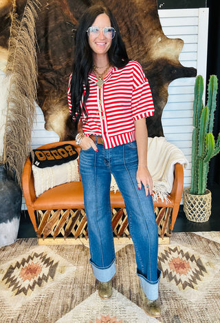 Kendra Red Striped Button Front Top-Short Sleeves-blu pepper-Motis & Co Boutique, Women's Fashion Boutique in Carthage, Missouri
