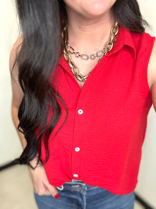 Andree by Unit Sleeveless Button Down Blouse Red-Short Sleeves-Andree by Unit-Motis & Co Boutique, Women's Fashion Boutique in Carthage, Missouri