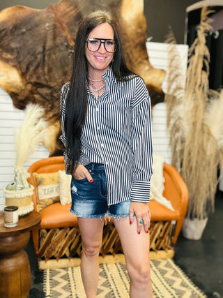 Nell Navy Striped Long Sleeve Blouse