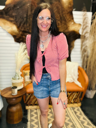 Ann Red Gingham Bow Tie Puff Vest Top-Short Sleeves-HYFVE-Motis & Co Boutique, Women's Fashion Boutique in Carthage, Missouri