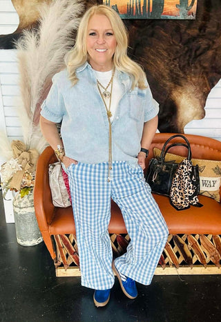 Cora Chambray Button Front Blouse-Short Sleeves-Very J-Motis & Co Boutique, Women's Fashion Boutique in Carthage, Missouri