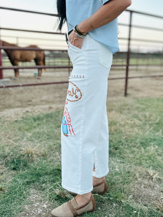 Howdy White Cowboy Jeans-Pants-ee: some-Motis & Co Boutique, Women's Fashion Boutique in Carthage, Missouri