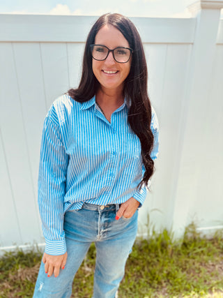 Whitney Blue Pin Striped Blouse-Long Sleeves-HYFVE-Motis & Co Boutique, Women's Fashion Boutique in Carthage, Missouri