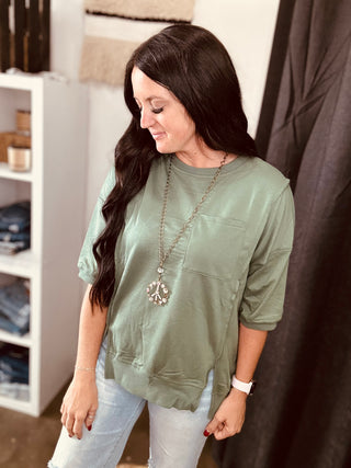 Laurel Green Exposed Seam Pocket Top-Short Sleeves-MOTIS-Motis & Co Boutique, Women's Fashion Boutique in Carthage, Missouri