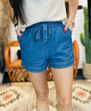Daniel Denim Ruffle Waist Tie Shorts-Shorts-blu pepper-Motis & Co Boutique, Women's Fashion Boutique in Carthage, Missouri