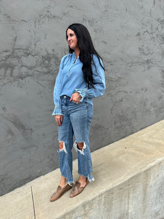 Dina Denim Long Sleeve Shirt-Long Sleeves-MOTIS-Motis & Co Boutique, Women's Fashion Boutique in Carthage, Missouri