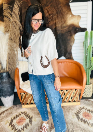 Hannah Horseshoe Short Sleeve White Cardigan