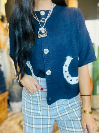 Hannah Horseshoe Short Sleeve Navy Cardigan-Sweaters-24th-Motis & Co Boutique, Women's Fashion Boutique in Carthage, Missouri