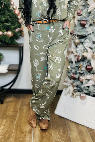 Lynn Western Print Pants - Olive-Pants-Taelynn-Motis & Co Boutique, Women's Fashion Boutique in Carthage, Missouri